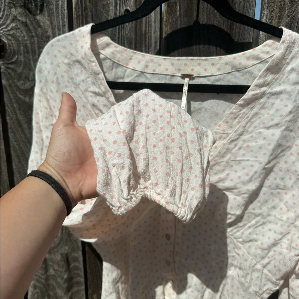 Free People White Pink Love Street Long Sleeve V Neck Polka Dot Button Up Blouse